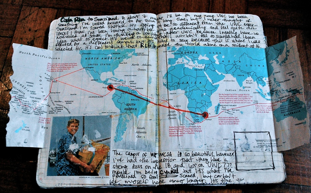 One of my favorite pages in said journal. On the bottom left is a picture cut-out form a 1965 National Geographic Magazine. The boy is California native, Robin Lee Graham who set out to sail around the world when he was 16.